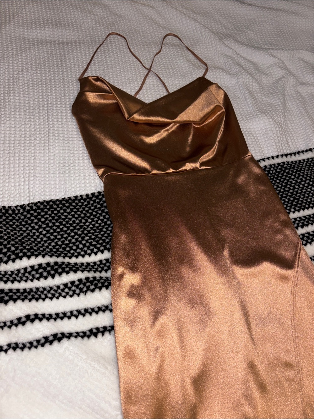 Satin Cowl Neck Spaghetti Strap Dress in Copper/Gold